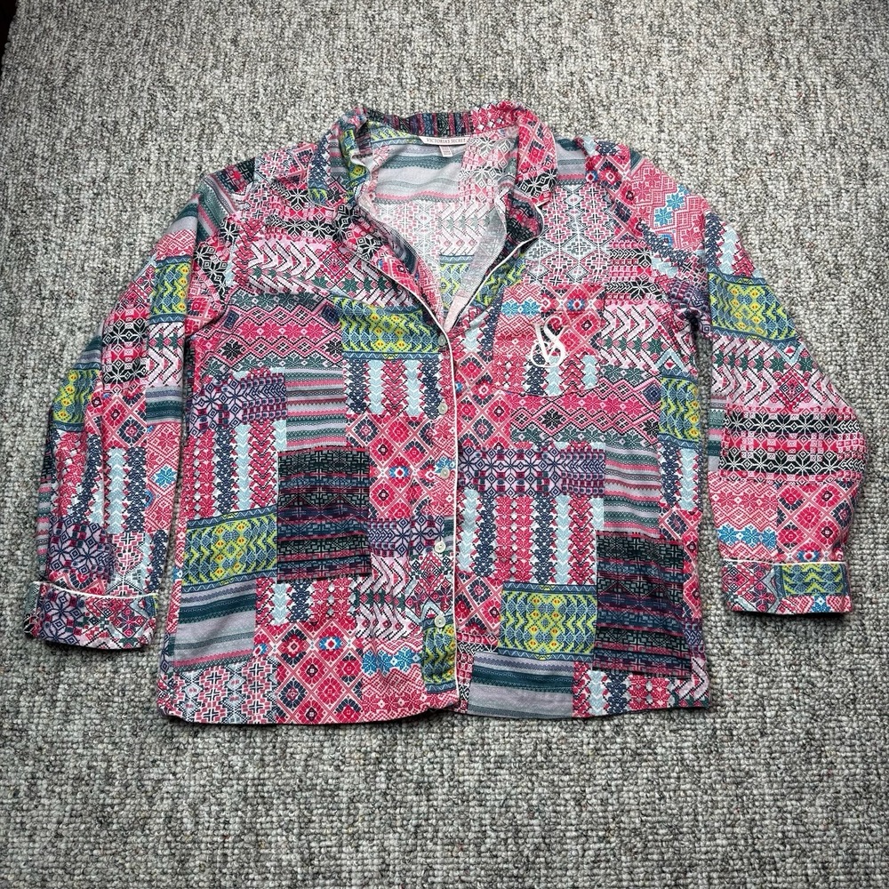 Victoria's Secret Pajama Shirt Womens Medium Patchwork Print Button Up Pink